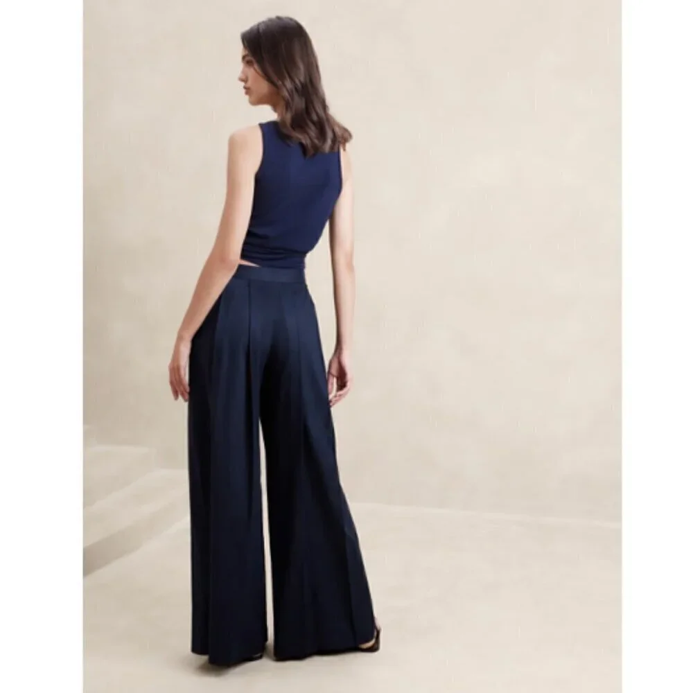 Banana Republic Linen-Blend PALAZZO Black BOHO Pleat Pants Size 6 #852050 RT$110